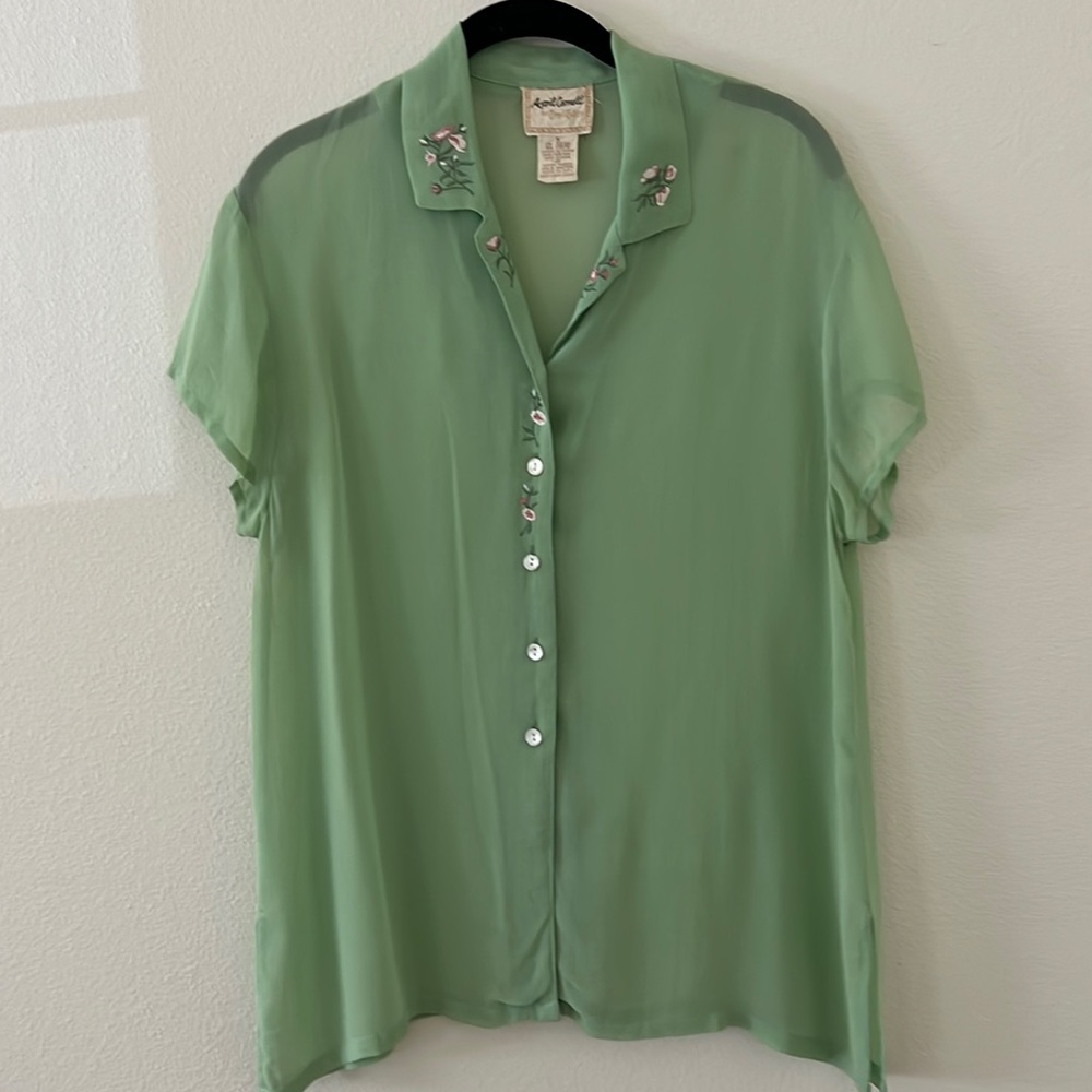 April Cornell sheer rayon short-sleeve blouse, size S, embroidered collar.